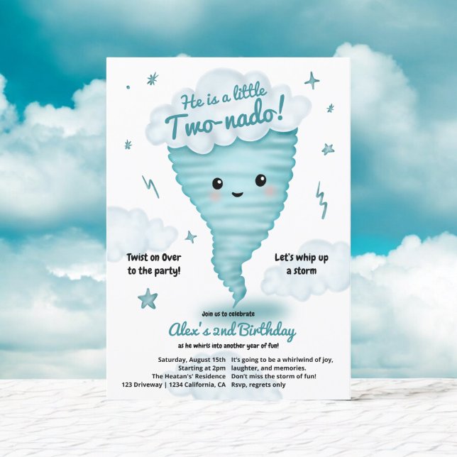 Cute blue-Tornadot Mest 2:a födelsedagsöppningen K Inbjudningar (Cute blue Tornado Themed 2nd Birthday Kids party Invitation)