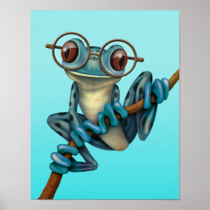 Cute Blue Träd Frog med Öga-glas Poster