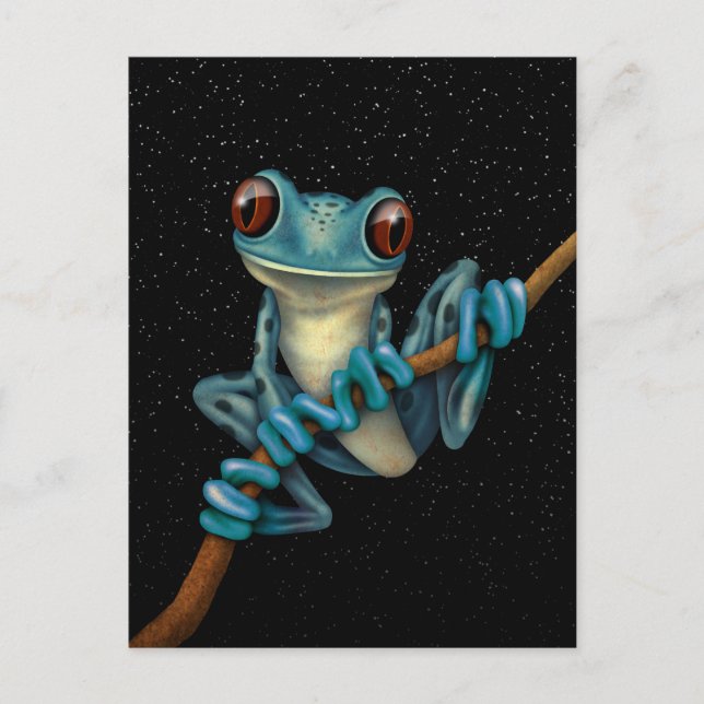 Cute Blue Träd Frog på Gren med stjärnor Vykort (Framsida)