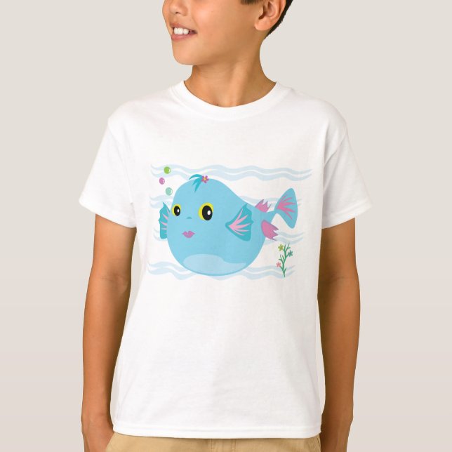 Cute Blue Tropical Fish Pink Fins T Shirt (Framsida)