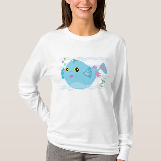 Cute Blue Tropical Fish Pink Fins T Shirt (Framsida)
