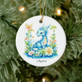 Cute Blue Turcos Grönt Dragon Personlig Julgransprydnad Keramik