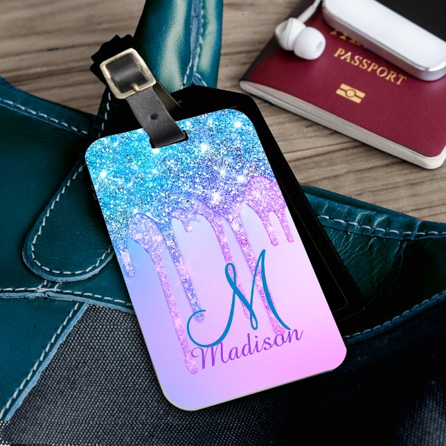Cute Blue Turcos Unicorn Glitter Drives monogram Bagagebricka (Skapare uppladdad)