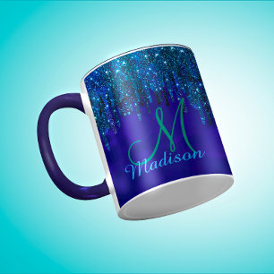 Cute Blue turkos Unicorn Glitter Drives monogram Mugg