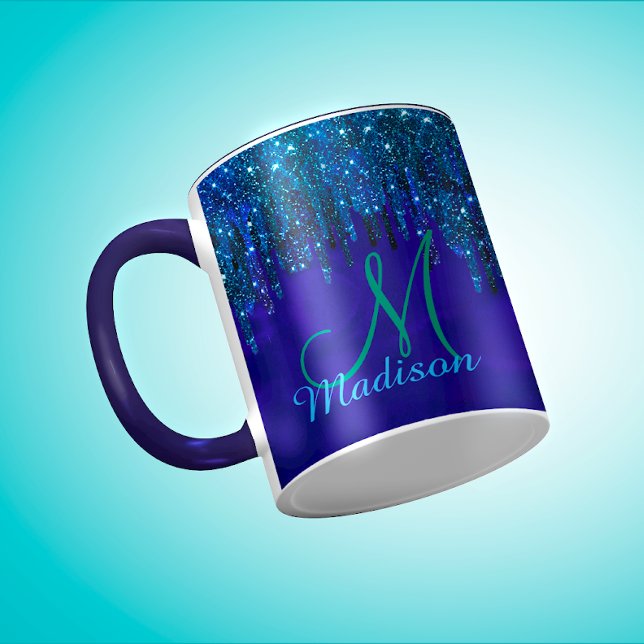 Cute Blue turkos Unicorn Glitter Drives monogram Mugg (Skapare uppladdad)