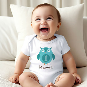 Cute Blue Uggla Boy Namn Första Födelsedagsfesten T-shirt