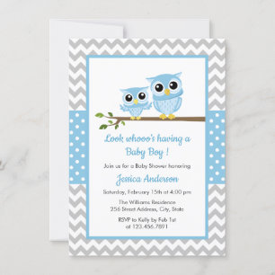 Cute Blue Uggla Grått Chevron Boy Shower Inbjudningar