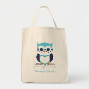 Cute blue uggla med bok personlig bibliotek bok tygkasse