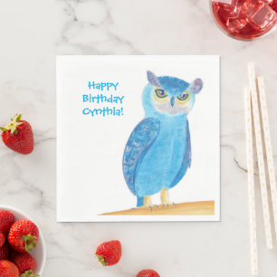 Cute Blue Uggla, Personlig Birthday Napkins Pappersservett