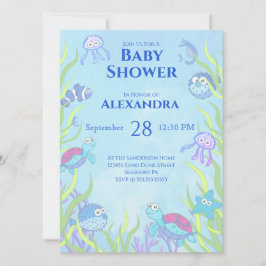 Cute Blue under Sea Boy Baby Shower-inbjudan