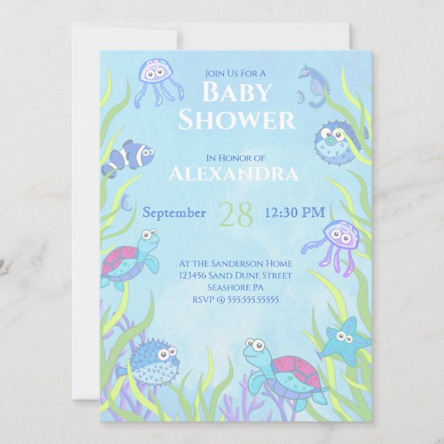 Cute Blue under Sea Boy Baby Shower-inbjudan (Framsida)