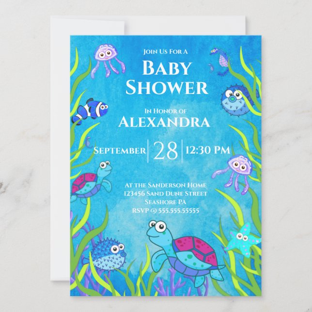 Cute Blue under Sea Boy Baby Shower-inbjudan (Framsida)