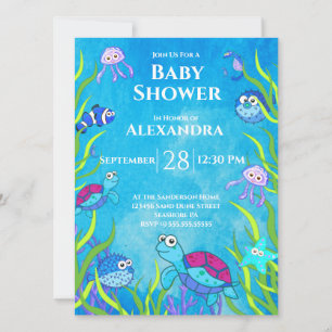 Cute Blue under Sea Boy Baby Shower-inbjudan