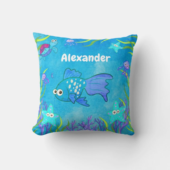Cute Blue under Sea Fish and Starfish Kudde (Framsida)