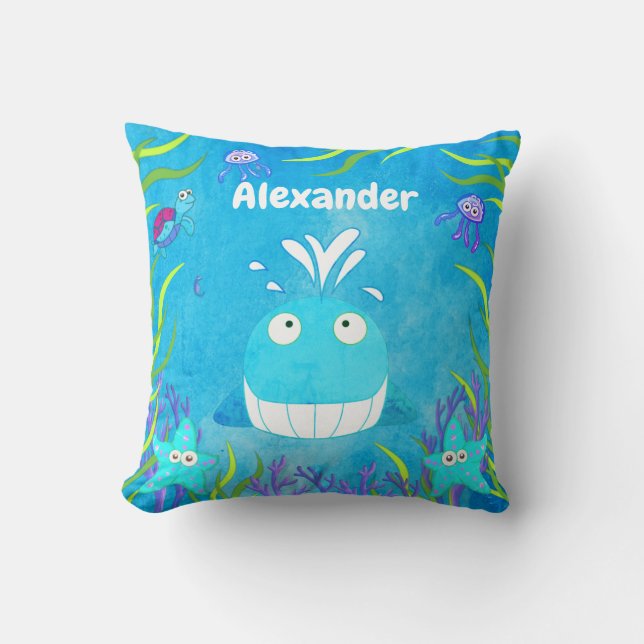 Cute Blue under Sea Whale Boy Kudde (Framsida)