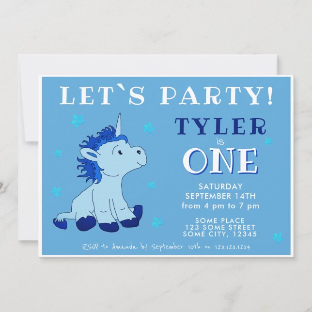 Cute Blue Unicorn 1:a födelsedagen Party Inbjudningar (Framsida)