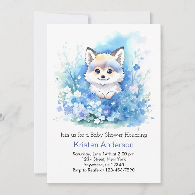 Cute Blue Varg Whimsical Woodland Boy Shower Inbjudningar (Framsida)