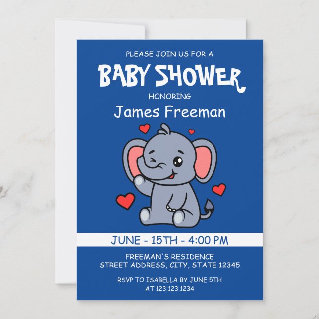 Cute Blue Vector Boy Elephant Baby Shower Inbjudningar (Framsida)