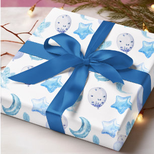 Cute Blue Watercolor Balloon Pojke Boho Mönster Presentpapper
