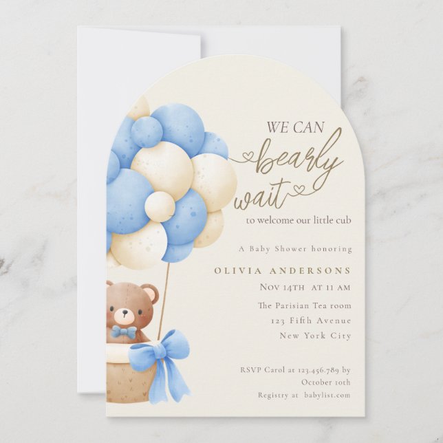 Cute Blue We can Bearly Wait Baby Shower Inbjudningar (Framsida)