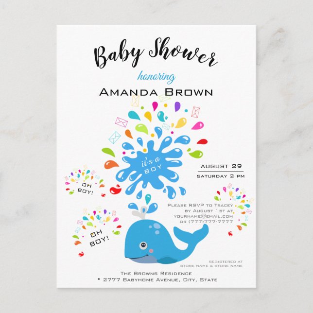 Cute Blue Whale Colorful Boy Shower Inbjudan Vykort (Framsida)