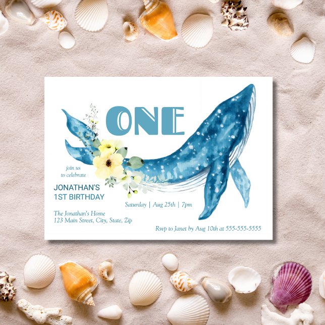 Cute Blue Whale Gult Blommigt 1:a födelsedagen Par Inbjudningar (Skapare uppladdad)