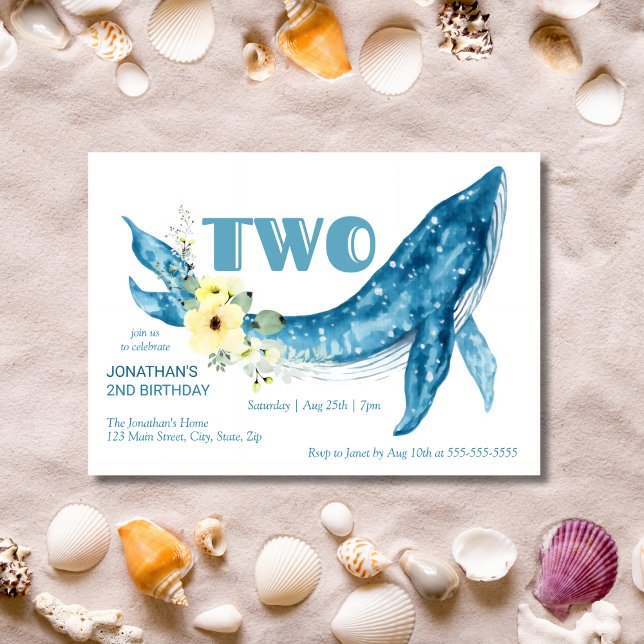 Cute Blue Whale Gult Blommigt 2:a födelsedagen Par Inbjudningar (Skapare uppladdad)