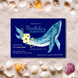 Cute Blue Whale Gult Blommigt Navy Födelsedagsfest Inbjudningar