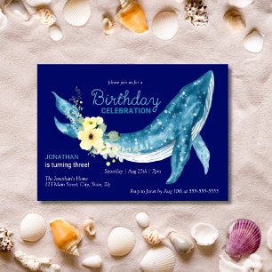 Cute Blue Whale Gult Blommigt Navy Födelsedagsfest Inbjudningar