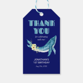 Cute Blue Whale Gult Blommigt Navy Tack Presentetikett