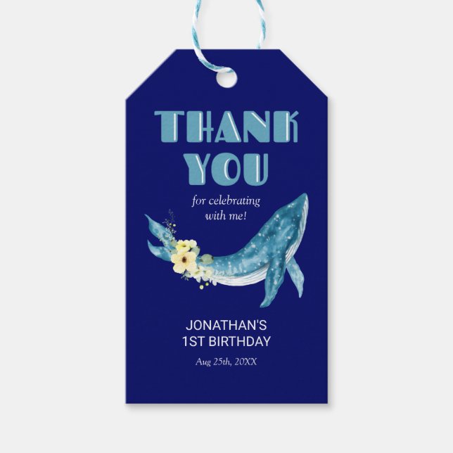 Cute Blue Whale Gult Blommigt Navy Tack Presentetikett (Framsidan)