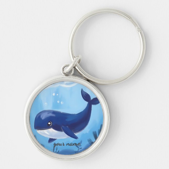 Cute Blue Whale Keychain Rund Silverfärgad Nyckelring (Framsidan)