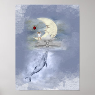 Cute Blue Whale och lycklig-barn på Måne Fantasy Poster