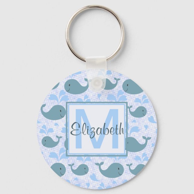Cute Blue Whales Mönster Monogram Nyckelring (Framsida)