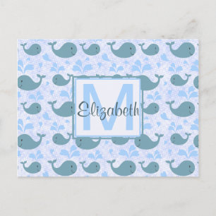 Cute Blue Whales Mönster Monogram Vykort