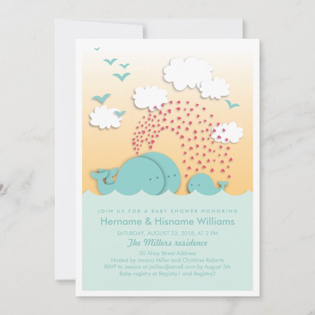 Cute Blue Whales Par Baby Shower Inbjudan (Framsida)