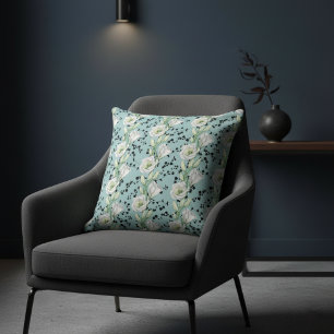 Cute Blue Whimsical Black and White Blommigt Patte Kudde