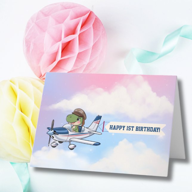 Cute Blue White Airplane & Dinosaur First Birthday Tack Kort (Skapare uppladdad)