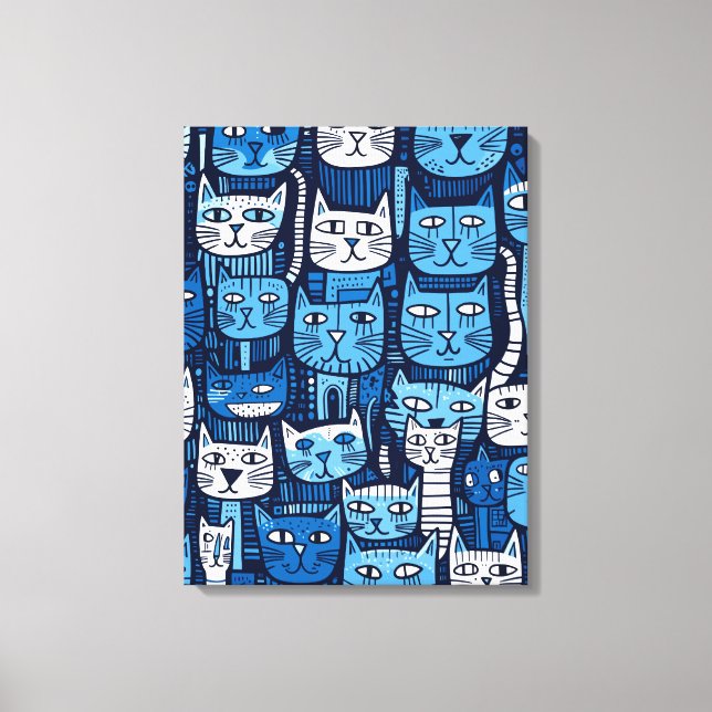 Cute Blue White Black Doodle Cat Lover Canvastryck (Framsida)