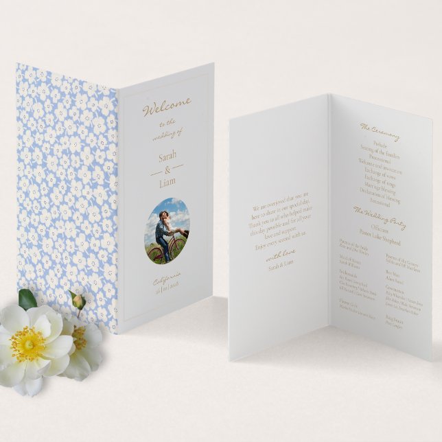 Cute Blue White Blommigt Daisy Bröllop Photo Kort (Skapare uppladdad)