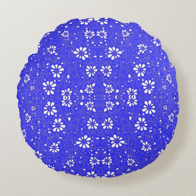 Cute blue white classic flowers pattern rund kudde (Framsidan)