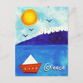 CUTE BLUE WHITRED WATERCOLOR GREEK BOAT VYKORT