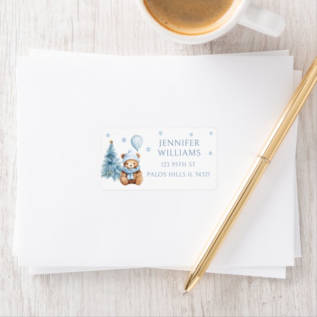 Cute Blue Winter Little Teddy Bear Return Address Adressetikett (Insitu)