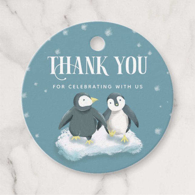 Cute Blue Winter Wonderland Penguins Baby Shower Gåvor Etiketter (Framsida)