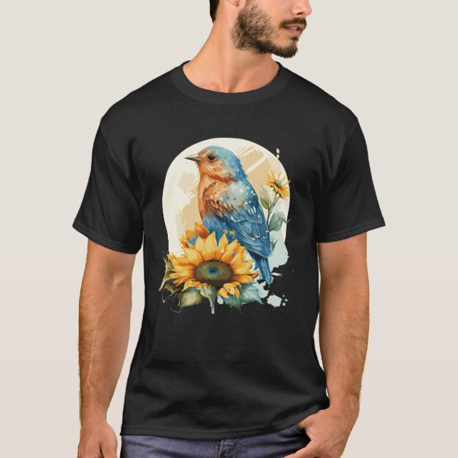 Cute Bluebird Sunflower Birding Bird T Shirt (Framsida)