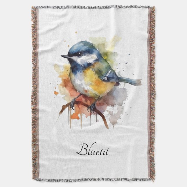 Cute Bluetit på Gren, anpassningsbar Filt (Framsidan Vertikal)