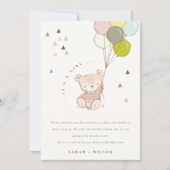 Cute Blush Bear Balloon Baby Announcement Card Tack Kort (Framsida)