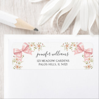 Cute Blush Pink Bow Floral Baby Girl Shower Returadress Etikett