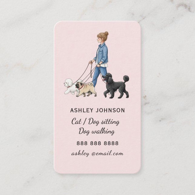 Cute blush pink Girl walking dogs Dog walker  Visitkort (Framsida)