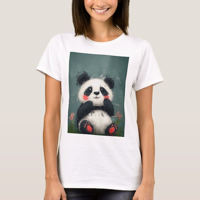 Cute Blushing Panda - Digital Painting T Shirt (Framsida)